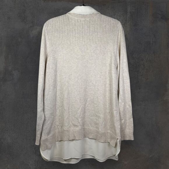 J Jill Contrast Collar Long Sleeve V Neck Knit Beige Oat Sweater Women's L - Picture 2 of 5